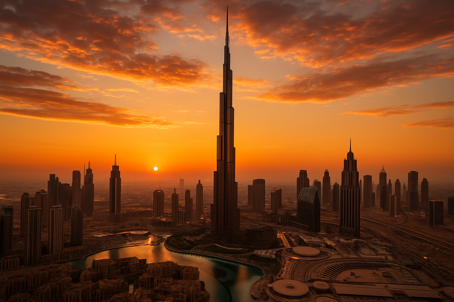 Burj Khalifa towering over Dubai skyline at sunset