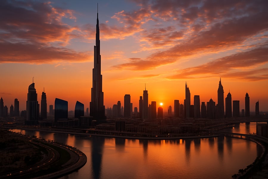 Dubai skyline with Burj Khalifa at sunset Dubai skyline with Burj Khalifa at sunset