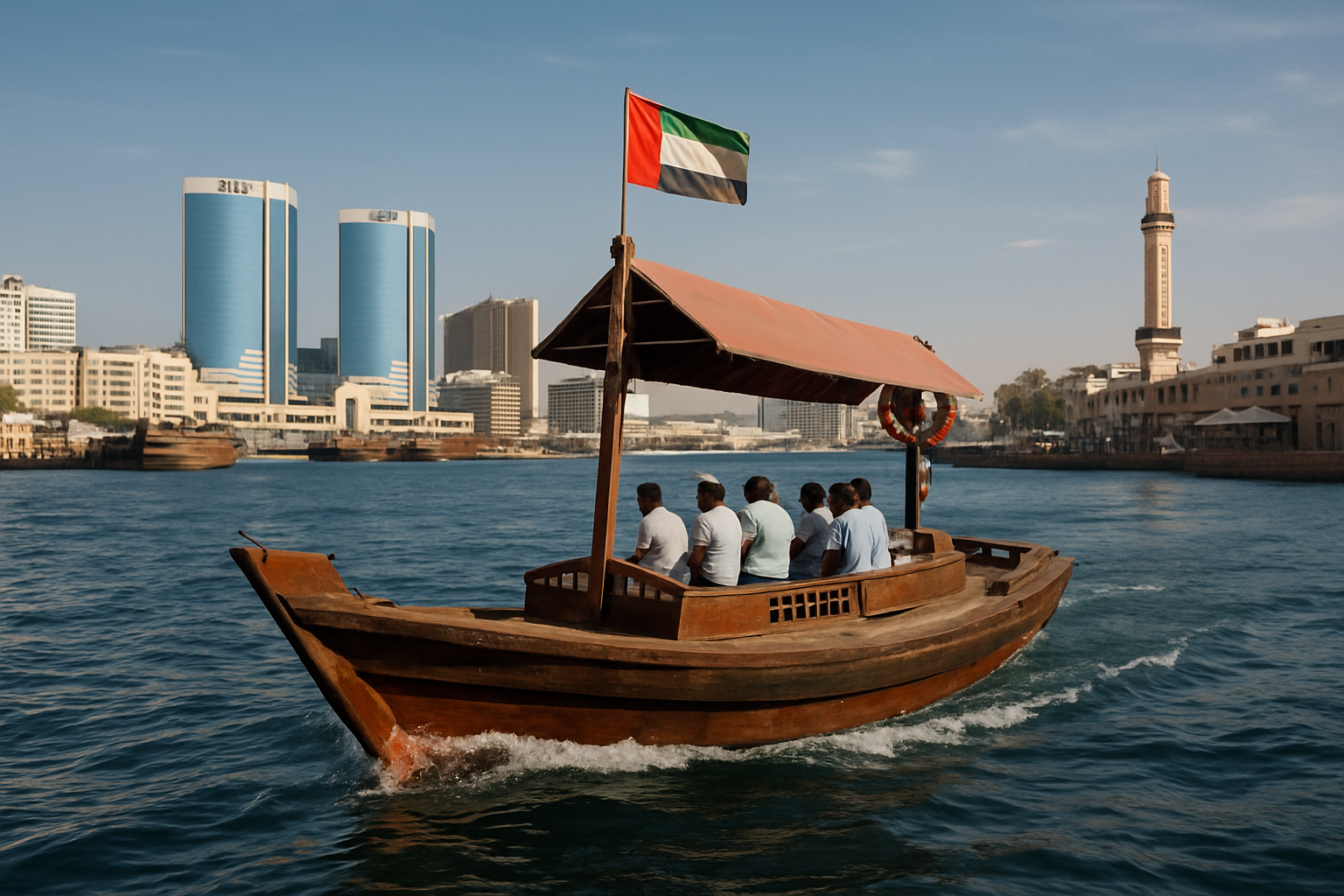 Traditional abra boat cruising through Dubai Creek
